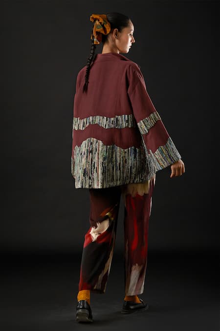 Shop Yavi Maroon 100% Canvas Flap Collar Aveline Jacket at Aza Fashions Shop_Yavi_Maroon 100% Canvas Flap Collar Aveline Jacket _at_Aza_Fashions