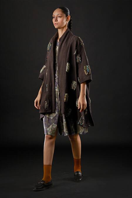 Buy Yavi Brown 100% Cotton Slub Collared Neck Yardley Embroidered Jacket Online at Aza Fashions Buy_Yavi_Brown 100% Cotton Slub Collared Neck Yardley Embroidered Jacket _Online_at_Aza_Fashions