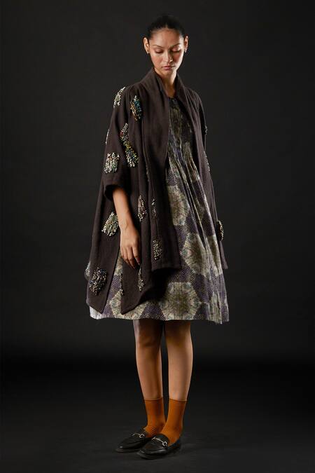 Shop Yavi Brown 100% Cotton Slub Collared Neck Yardley Embroidered Jacket Online at Aza Fashions Shop_Yavi_Brown 100% Cotton Slub Collared Neck Yardley Embroidered Jacket _Online_at_Aza_Fashions