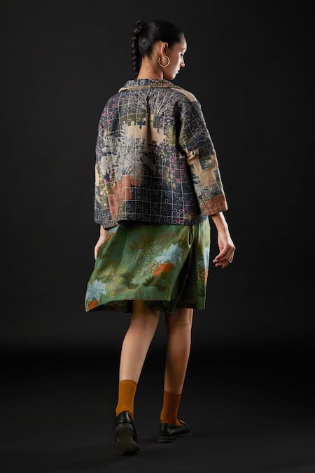 Shop Yavi Blue Canvas And Wool Floral Print Flap Collar Labyrinth Puzzle Pattern Jacket at Aza Fashions Shop_Yavi_Blue Canvas And Wool Floral Print Flap Collar Labyrinth Puzzle Pattern Jacket _at_Aza_Fashions