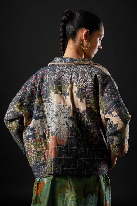 Yavi Blue Canvas And Wool Floral Print Flap Collar Labyrinth Puzzle Pattern Jacket Online at Aza Fashions Yavi_Blue Canvas And Wool Floral Print Flap Collar Labyrinth Puzzle Pattern Jacket _Online_at_Aza_Fashions