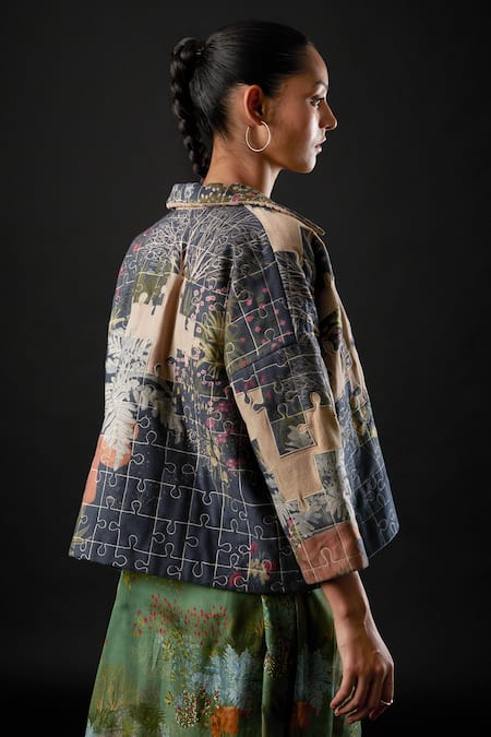 Buy Yavi Blue Canvas And Wool Floral Print Flap Collar Labyrinth Puzzle Pattern Jacket Online at Aza Fashions Buy_Yavi_Blue Canvas And Wool Floral Print Flap Collar Labyrinth Puzzle Pattern Jacket _Online_at_Aza_Fashions