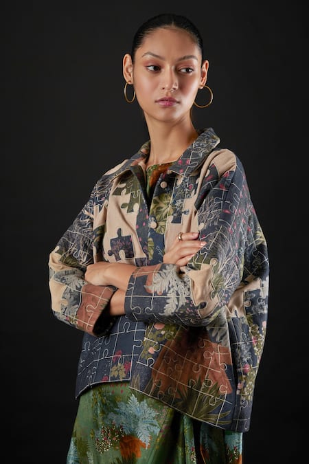 Shop Yavi Blue Canvas And Wool Floral Print Flap Collar Labyrinth Puzzle Pattern Jacket Online at Aza Fashions Shop_Yavi_Blue Canvas And Wool Floral Print Flap Collar Labyrinth Puzzle Pattern Jacket _Online_at_Aza_Fashions