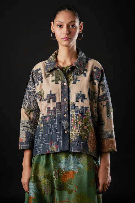 Yavi Blue Canvas And Wool Floral Print Flap Collar Labyrinth Puzzle Pattern Jacket at Aza Fashions Yavi_Blue Canvas And Wool Floral Print Flap Collar Labyrinth Puzzle Pattern Jacket _at_Aza_Fashions