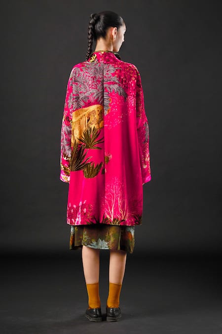 Shop Yavi Red 100% Silk Velvet Tropical Open Carmine Print Jacket at Aza Fashions Shop_Yavi_Red 100% Silk Velvet Tropical Open Carmine Print Jacket _at_Aza_Fashions