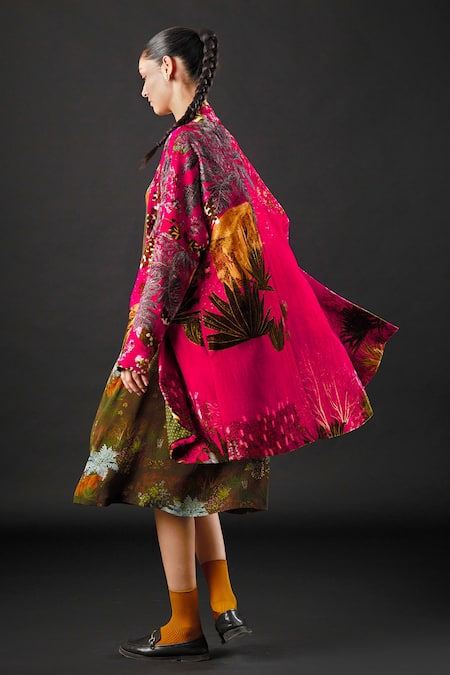 Shop Yavi Red 100% Silk Velvet Tropical Open Carmine Print Jacket Online at Aza Fashions Shop_Yavi_Red 100% Silk Velvet Tropical Open Carmine Print Jacket _Online_at_Aza_Fashions