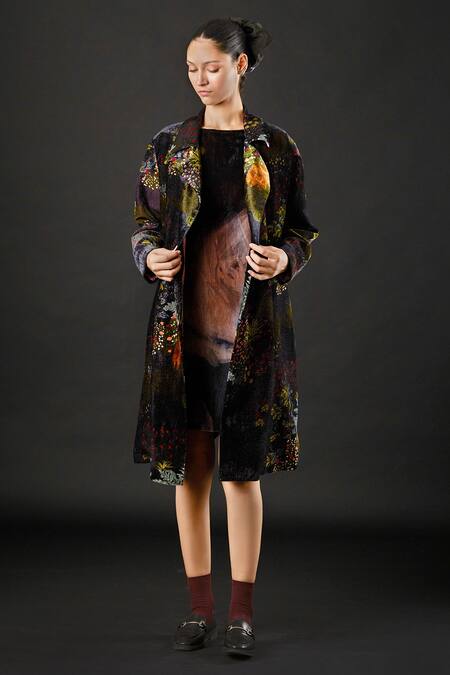 Yavi_Blue 100% Silk Velvet Tropical Open Ori Print Jacket _Online_at_Aza_Fashions