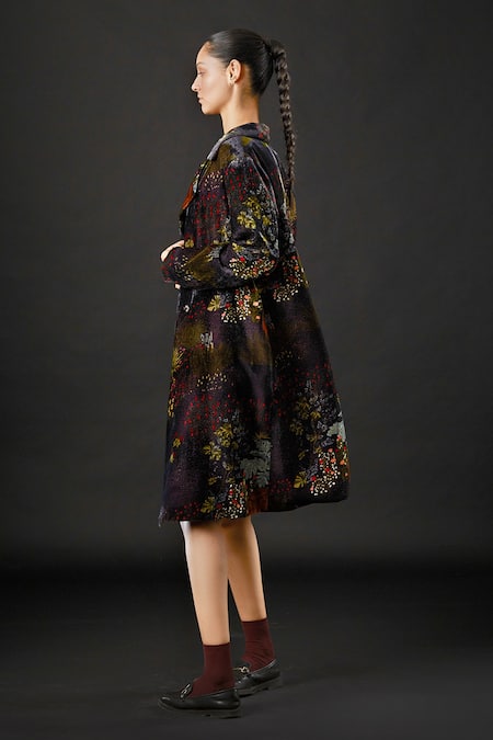 Yavi_Blue 100% Silk Velvet Tropical Open Ori Print Jacket _at_Aza_Fashions