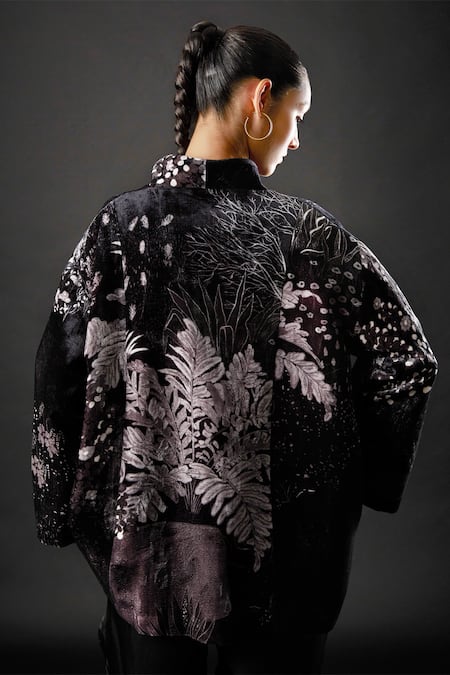 Shop Yavi Black 100% Silk Velvet Floral Open Ciara Embroidered Jacket at Aza Fashions Shop_Yavi_Black 100% Silk Velvet Floral Open Ciara Embroidered Jacket _at_Aza_Fashions