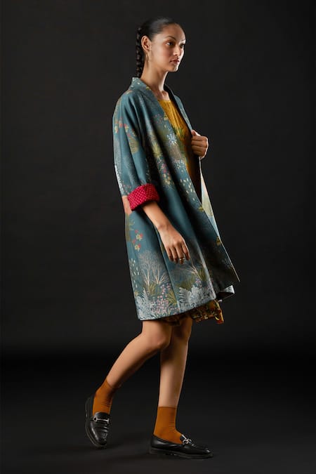 Yavi_Blue 100% Wool Felt Floral Print Open Eden Jacket _Online_at_Aza_Fashions