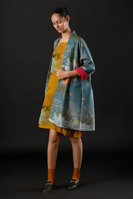 Buy_Yavi_Blue 100% Wool Felt Floral Print Open Eden Jacket _Online_at_Aza_Fashions