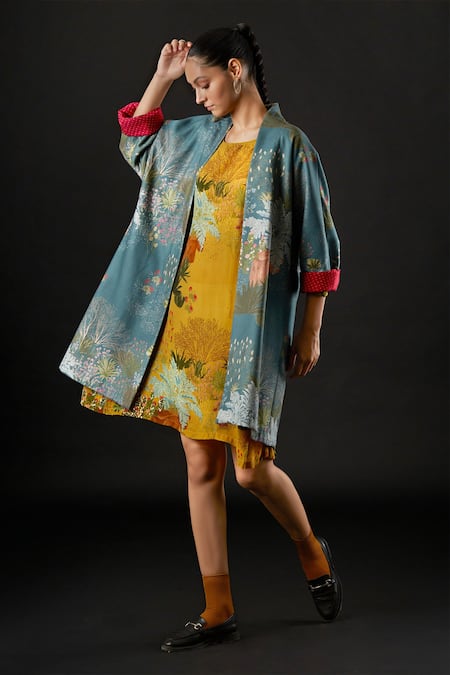 Shop_Yavi_Blue 100% Wool Felt Floral Print Open Eden Jacket _Online_at_Aza_Fashions