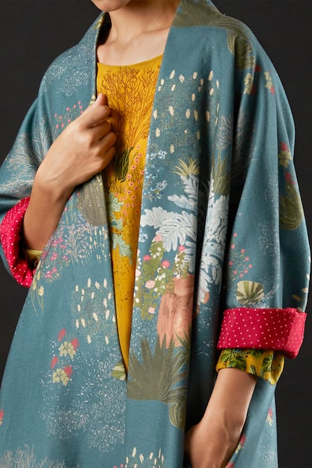Yavi_Blue 100% Wool Felt Floral Print Open Eden Jacket _at_Aza_Fashions