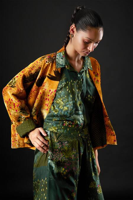 Shop Yavi Yellow 100% Silk Velvet Floral Print Open Kaila Kimono Jacket Online at Aza Fashions Shop_Yavi_Yellow 100% Silk Velvet Floral Print Open Kaila Kimono Jacket _Online_at_Aza_Fashions