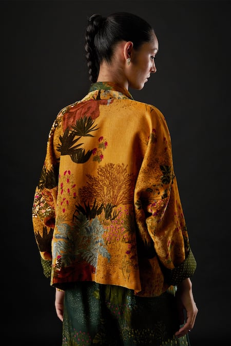 Yavi Yellow 100% Silk Velvet Floral Print Open Kaila Kimono Jacket at Aza Fashions Yavi_Yellow 100% Silk Velvet Floral Print Open Kaila Kimono Jacket _at_Aza_Fashions