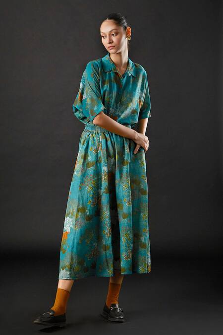 Buy_Yavi_Blue Viscose Linen Floral Print Eden Skirt_Online_at_Aza_Fashions