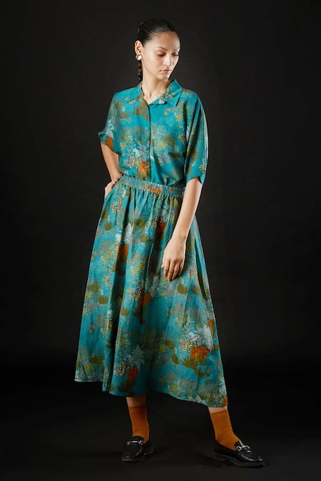 Yavi_Blue Viscose Linen Floral Print Eden Skirt_Online_at_Aza_Fashions