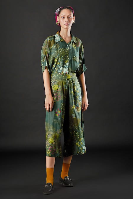 Yavi Green Silk Floral Print Spread Collar Aran Shirt