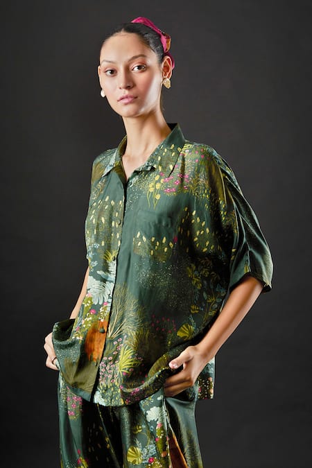 Yavi_Green Silk Floral Print Spread Collar Aran Shirt _Online_at_Aza_Fashions
