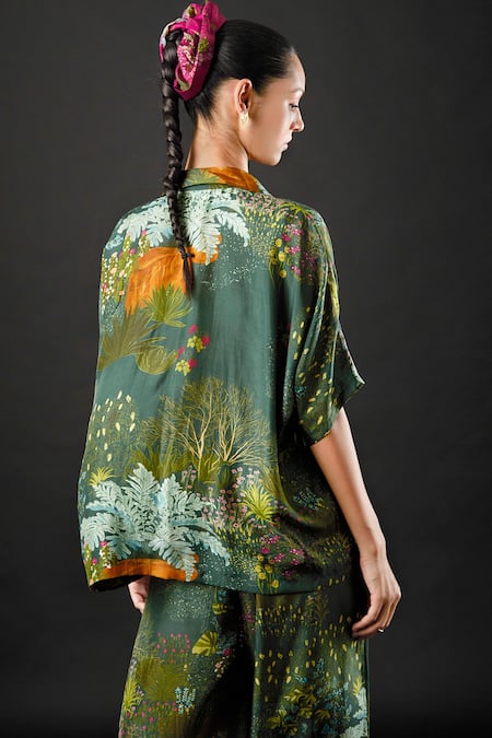 Shop_Yavi_Green Silk Floral Print Spread Collar Aran Shirt _Online_at_Aza_Fashions