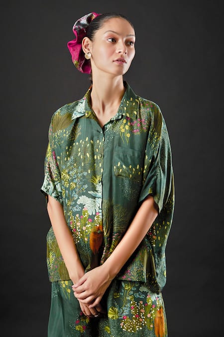Yavi_Green Silk Floral Print Spread Collar Aran Shirt _at_Aza_Fashions