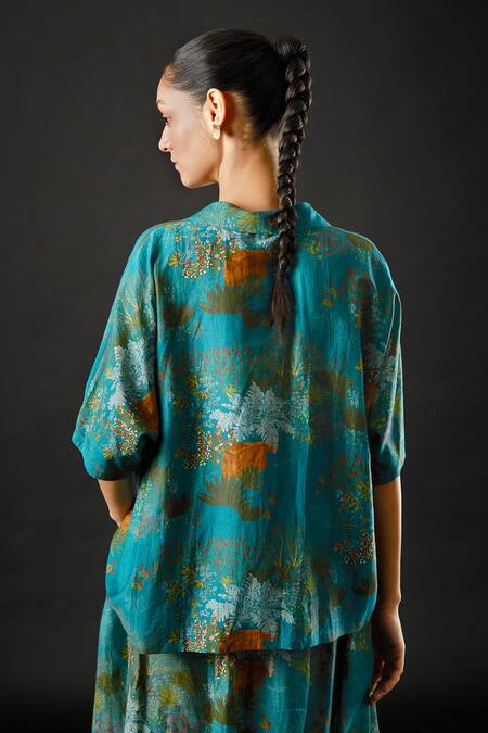 Shop_Yavi_Blue Cotton Silk Floral Spread Collar Eden Shirt _at_Aza_Fashions
