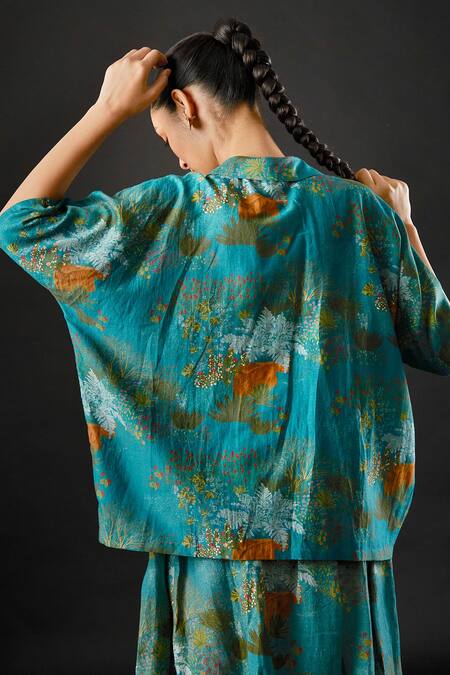 Yavi_Blue Cotton Silk Floral Spread Collar Eden Shirt _Online_at_Aza_Fashions