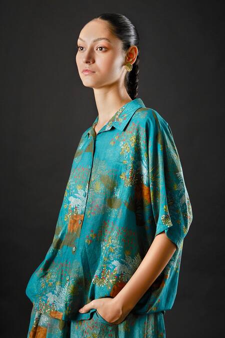 Buy_Yavi_Blue Cotton Silk Floral Spread Collar Eden Shirt _Online_at_Aza_Fashions