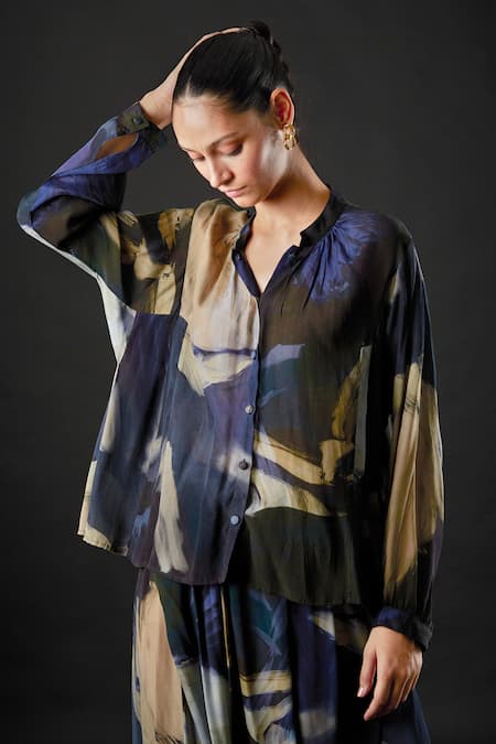 Yavi_Blue Moss Crepe Strokes Band Collar Kai Shirt _Online_at_Aza_Fashions