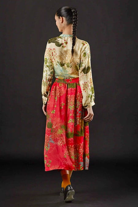 Shop_Yavi_Ivory Silk Floral Print Band Collar Fawn Shirt _at_Aza_Fashions