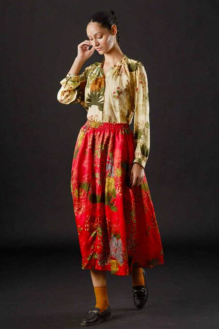 Yavi_Ivory Silk Floral Print Band Collar Fawn Shirt _Online_at_Aza_Fashions