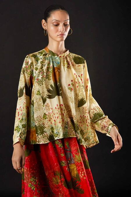 Buy_Yavi_Ivory Silk Floral Print Band Collar Fawn Shirt _Online_at_Aza_Fashions