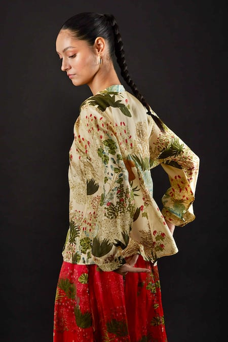Shop_Yavi_Ivory Silk Floral Print Band Collar Fawn Shirt _Online_at_Aza_Fashions