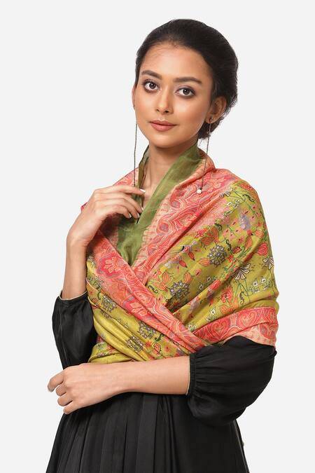 Yam India_Green Silk Chanderi Printed Dupatta _Online_at_Aza_Fashions