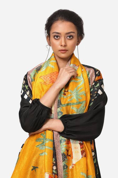 Yam India_Yellow Silk Chanderi Printed Dupatta _Online_at_Aza_Fashions