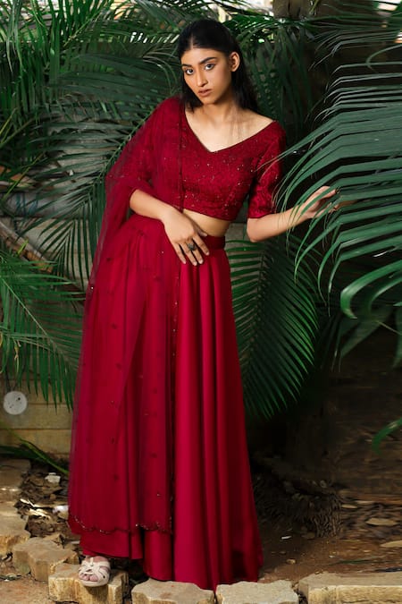 Shloka Sudhakar Maroon Soft Silk Satin V Neck Lehenga And Embroidered Blouse Set 