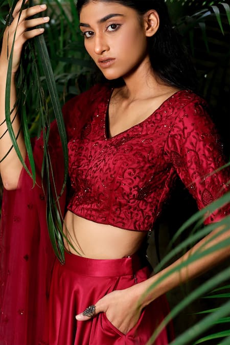 Shop_Shloka Sudhakar_Maroon Soft Silk Satin V Neck Lehenga And Embroidered Blouse Set _at_Aza_Fashions
