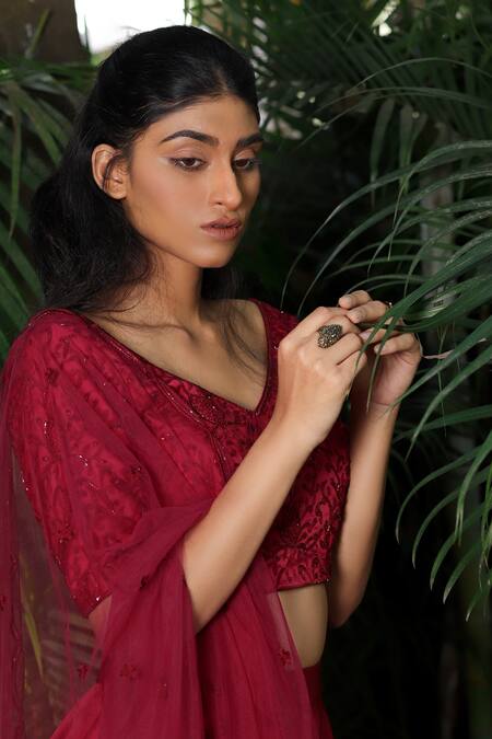 Shloka Sudhakar_Maroon Soft Silk Satin V Neck Lehenga And Embroidered Blouse Set _Online_at_Aza_Fashions