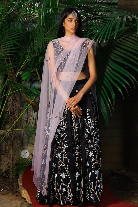 Shloka Sudhakar Black Soft Silk Satin V Neck Embroidered Lehenga Set 