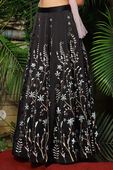 Shop_Shloka Sudhakar_Black Soft Silk Satin V Neck Embroidered Lehenga Set _Online_at_Aza_Fashions
