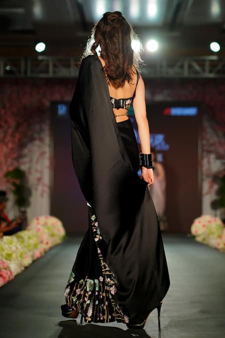 Shop_Shloka Sudhakar_Black Soft Silk Satin V Neck Embroidered Saree With Blouse _at_Aza_Fashions
