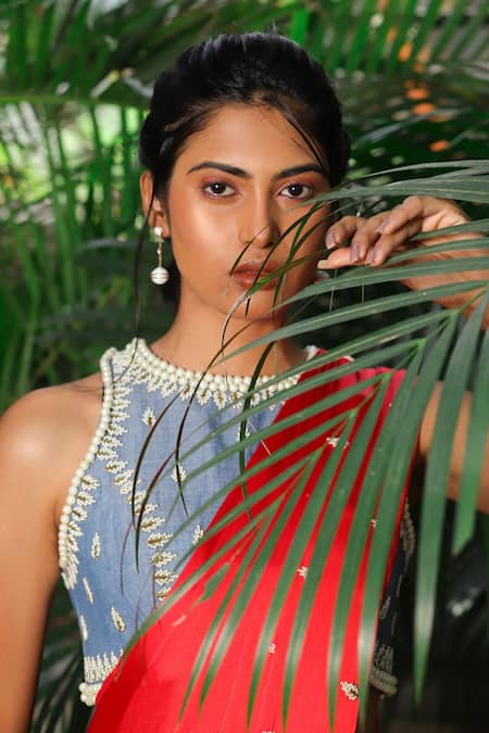 Shloka Sudhakar_Red Denim, Silk Satin Round Embroidered Saree With Blouse _Online_at_Aza_Fashions