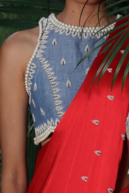 Buy_Shloka Sudhakar_Red Denim, Silk Satin Round Embroidered Saree With Blouse _Online_at_Aza_Fashions