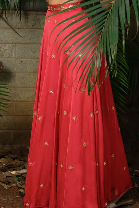 Buy Shloka Sudhakar Red Denim, Silk Satin Halter Embroidered Lehenga Set Online at Aza Fashions Buy_Shloka Sudhakar_Red Denim, Silk Satin Halter Embroidered Lehenga Set _Online_at_Aza_Fashions