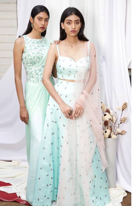 Shloka Sudhakar_Blue Chinnon Crepe Silk Sweetheart Neck Embroidered Lehenga Set _Online_at_Aza_Fashions