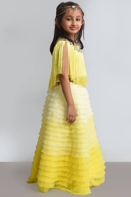 Lil Angels_Yellow , Satin Embellished Cape Skirt Set _Online_at_Aza_Fashions