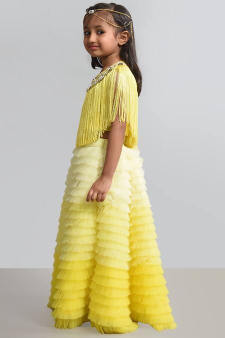 Buy_Lil Angels_Yellow , Satin Embellished Cape Skirt Set _Online_at_Aza_Fashions