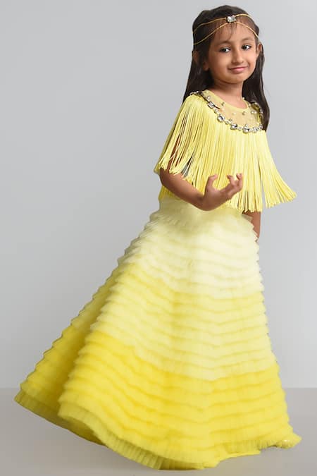 Shop_Lil Angels_Yellow , Satin Embellished Cape Skirt Set _Online_at_Aza_Fashions