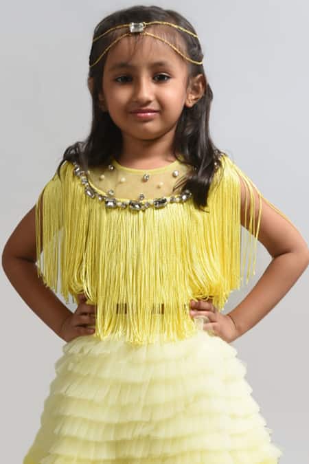 Lil Angels_Yellow , Satin Embellished Cape Skirt Set _at_Aza_Fashions