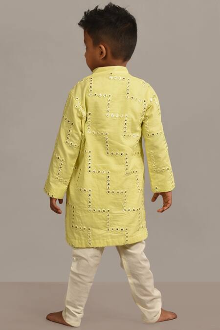 Shop_Lil Angels_Yellow Cotton, Rayon, Maheshwari Mirrors Embellished Kurta  _at_Aza_Fashions